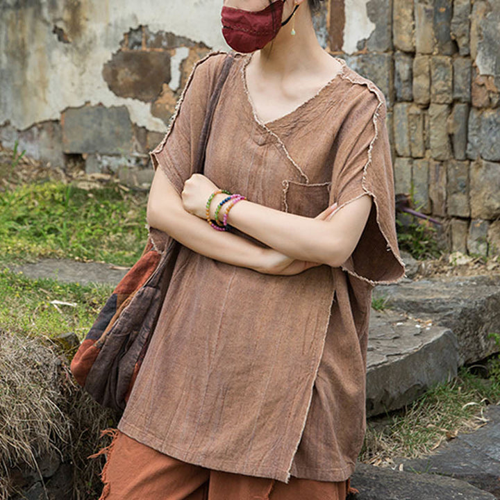 Buddha Stones Summer Tie-dye Linen V-Neck Short Sleeve Women's T-shirts - image 19