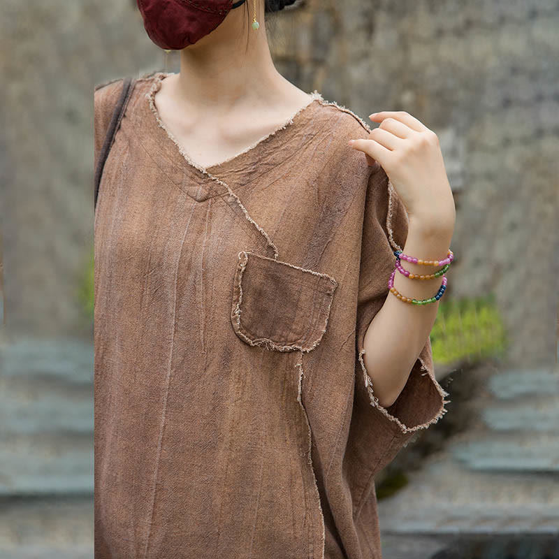 Buddha Stones Summer Tie-dye Linen V-Neck Short Sleeve Women's T-shirts - image 22