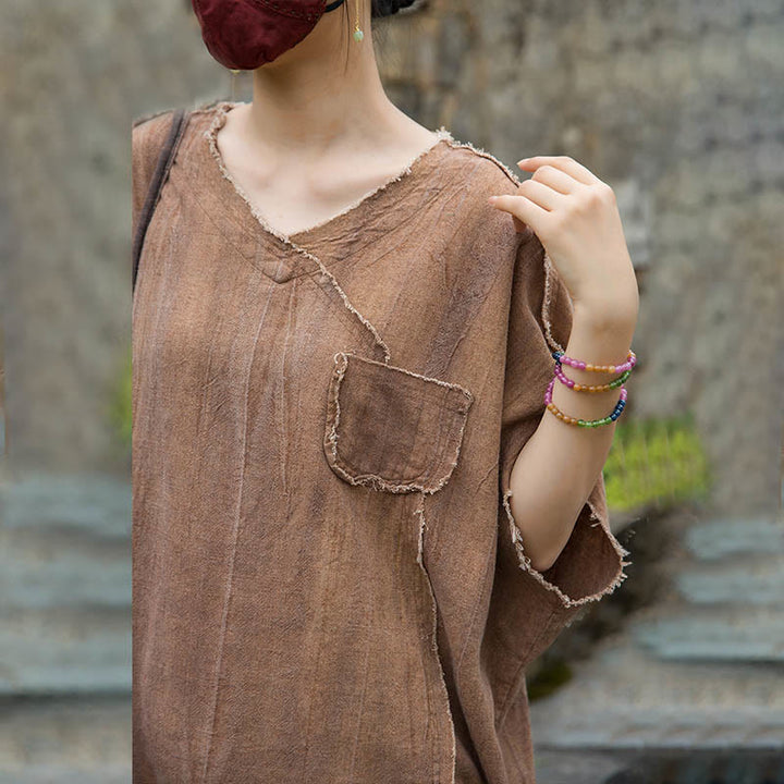 Buddha Stones Summer Tie-dye Linen V-Neck Short Sleeve Women's T-shirts - image 22