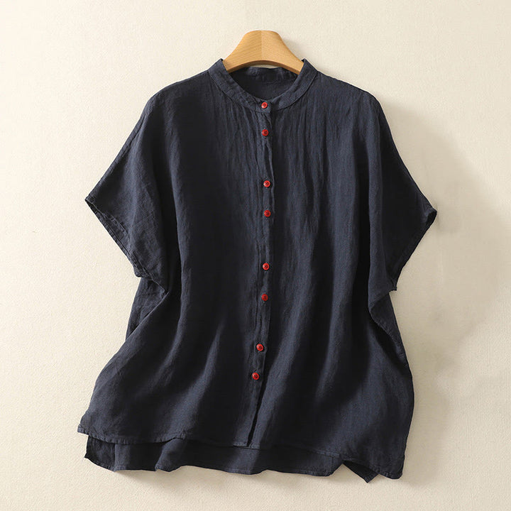 Buddha Stones Summer Plain Red Buttons Short Sleeve Women's Cotton Linen Shirt - MidnightBlue - US14,UK/AU18,EU46 (2XL) - image 1
