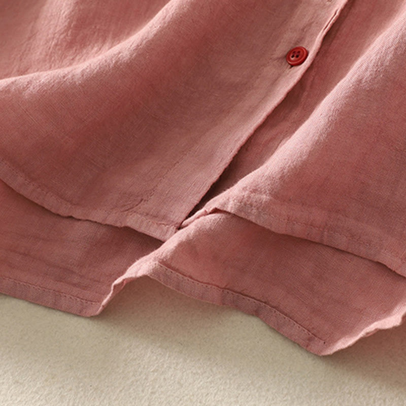Buddha Stones Summer Plain Red Buttons Short Sleeve Women's Cotton Linen Shirt - image 12