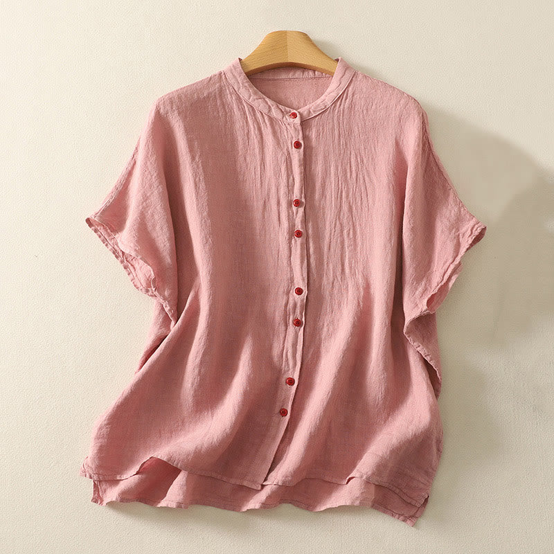 Buddha Stones Summer Plain Red Buttons Short Sleeve Women's Cotton Linen Shirt - DarkSalmon - US14,UK/AU18,EU46 (2XL) - image 5