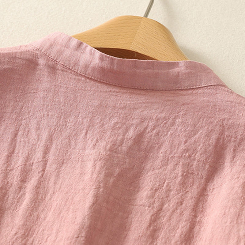 Buddha Stones Summer Plain Red Buttons Short Sleeve Women's Cotton Linen Shirt - image 8