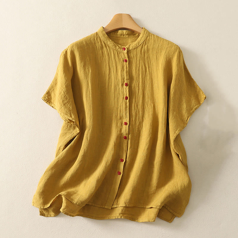 Buddha Stones Summer Plain Red Buttons Short Sleeve Women's Cotton Linen Shirt - Goldenrod - US14,UK/AU18,EU46 (2XL) - image 16