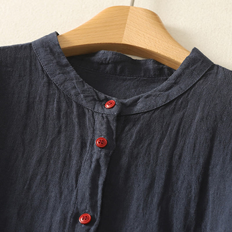 Buddha Stones Summer Plain Red Buttons Short Sleeve Women's Cotton Linen Shirt - image 2