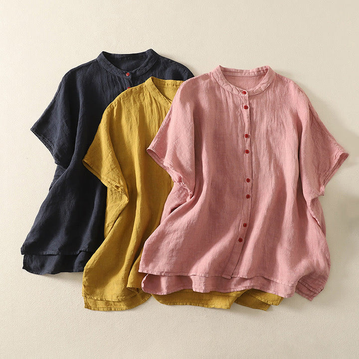 Buddha Stones Summer Plain Red Buttons Short Sleeve Women's Cotton Linen Shirt - image 20