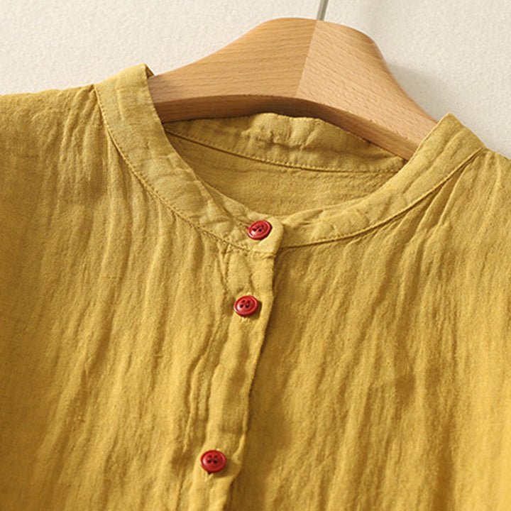 Buddha Stones Summer Plain Red Buttons Short Sleeve Women's Cotton Linen Shirt - image 17