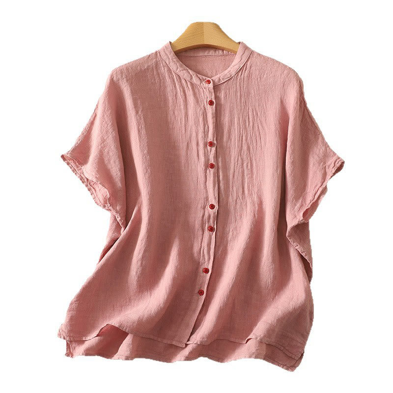 Buddha Stones Summer Plain Red Buttons Short Sleeve Women's Cotton Linen Shirt - image 15