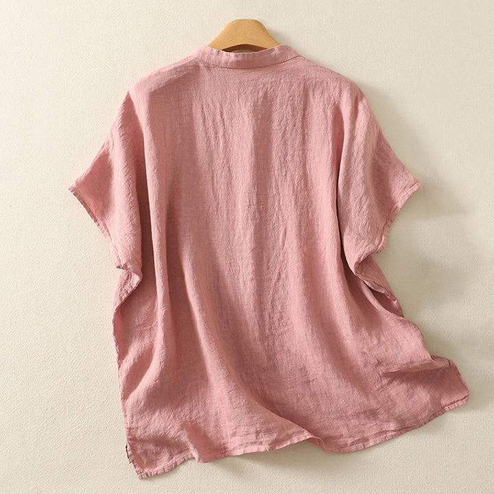 Buddha Stones Summer Plain Red Buttons Short Sleeve Women's Cotton Linen Shirt - image 6