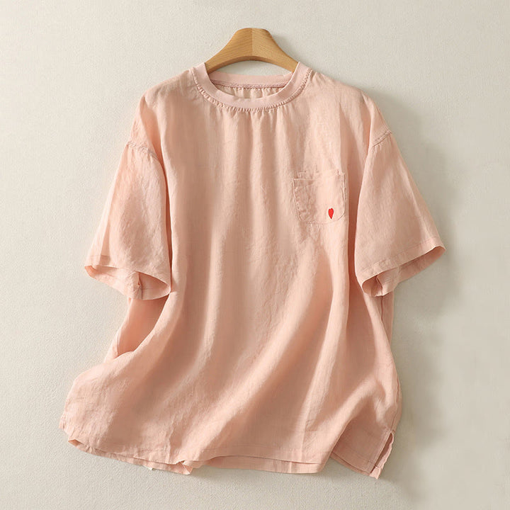 Buddha Stones Casual Embroidery Red Heart Short Sleeve Women's Cotton Linen T-Shirt - LightSalmon - US14,UK/AU18,EU46 (2XL) - image 1