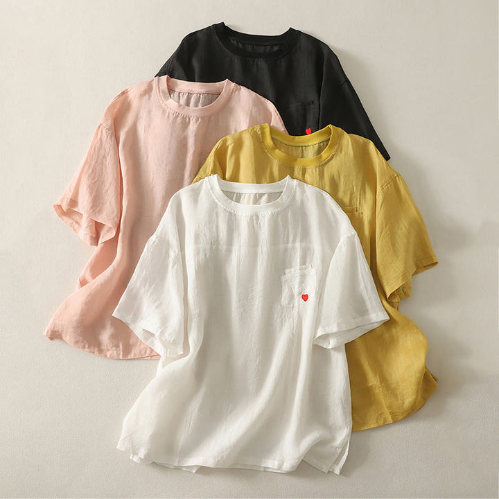 Buddha Stones Casual Embroidery Red Heart Short Sleeve Women's Cotton Linen T-Shirt - image 20