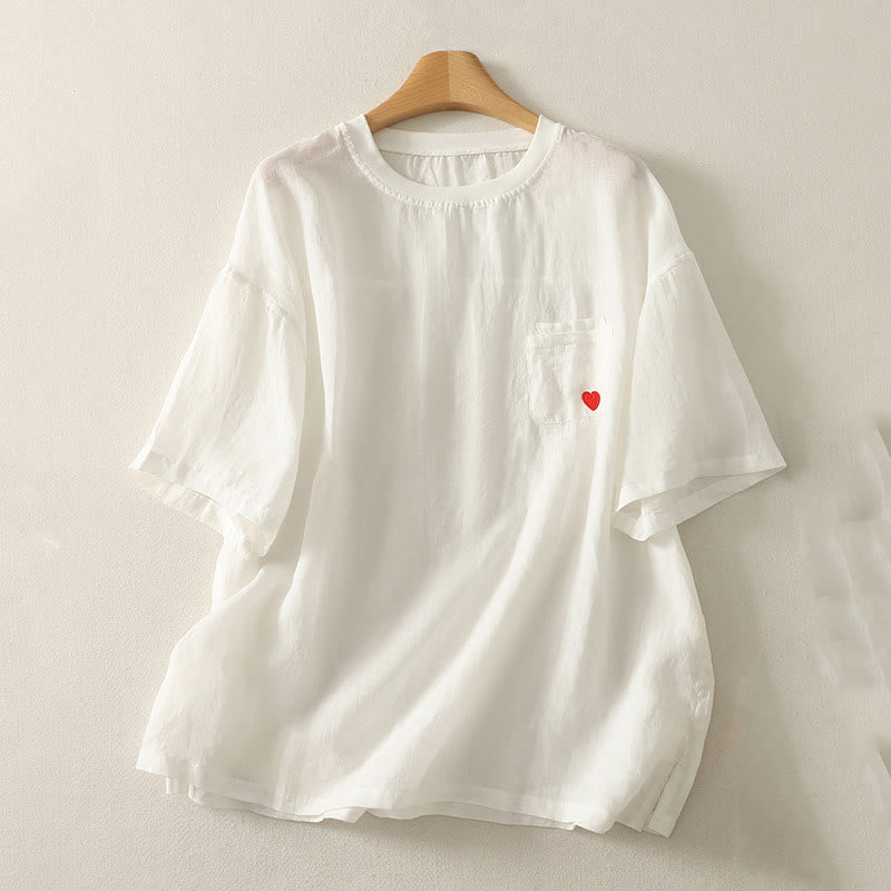 Buddha Stones Casual Embroidery Red Heart Short Sleeve Women's Cotton Linen T-Shirt - White - US14,UK/AU18,EU46 (2XL) - image 4