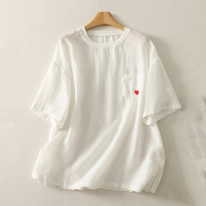 Buddha Stones Casual Embroidery Red Heart Short Sleeve Women's Cotton Linen T-Shirt - White - US14,UK/AU18,EU46 (2XL) - image 4