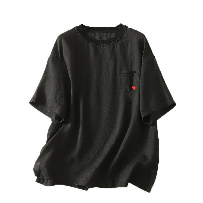 Buddha Stones Casual Embroidery Red Heart Short Sleeve Women's Cotton Linen T-Shirt - image 19