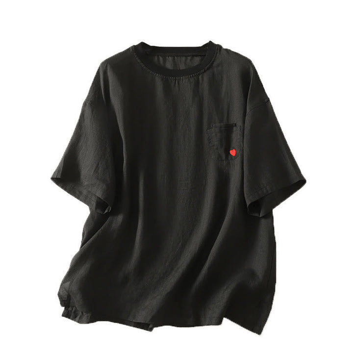 Buddha Stones Casual Embroidery Red Heart Short Sleeve Women's Cotton Linen T-Shirt - image 19