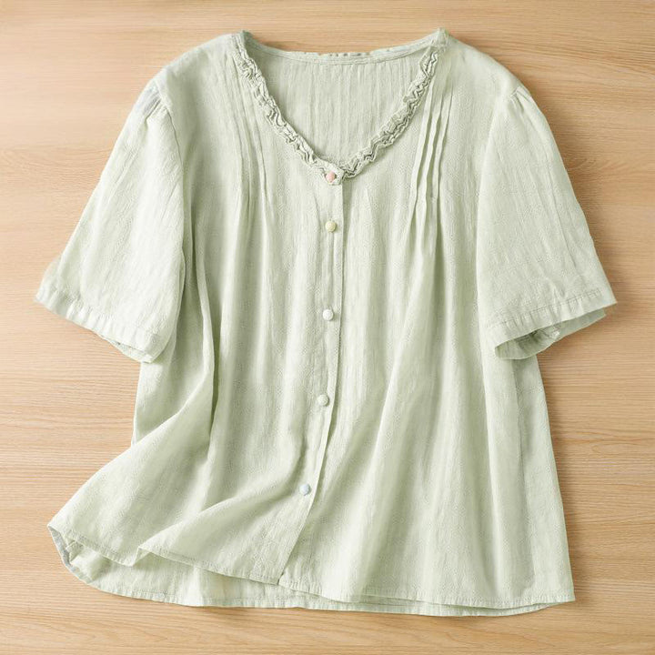 Buddha Stones Jacquard Pleated Ruffled Trim Design V-Neck Short Sleeve Women's Shirt - PaleGreen - US14,UK/AU18,EU46 (2XL) - image 1