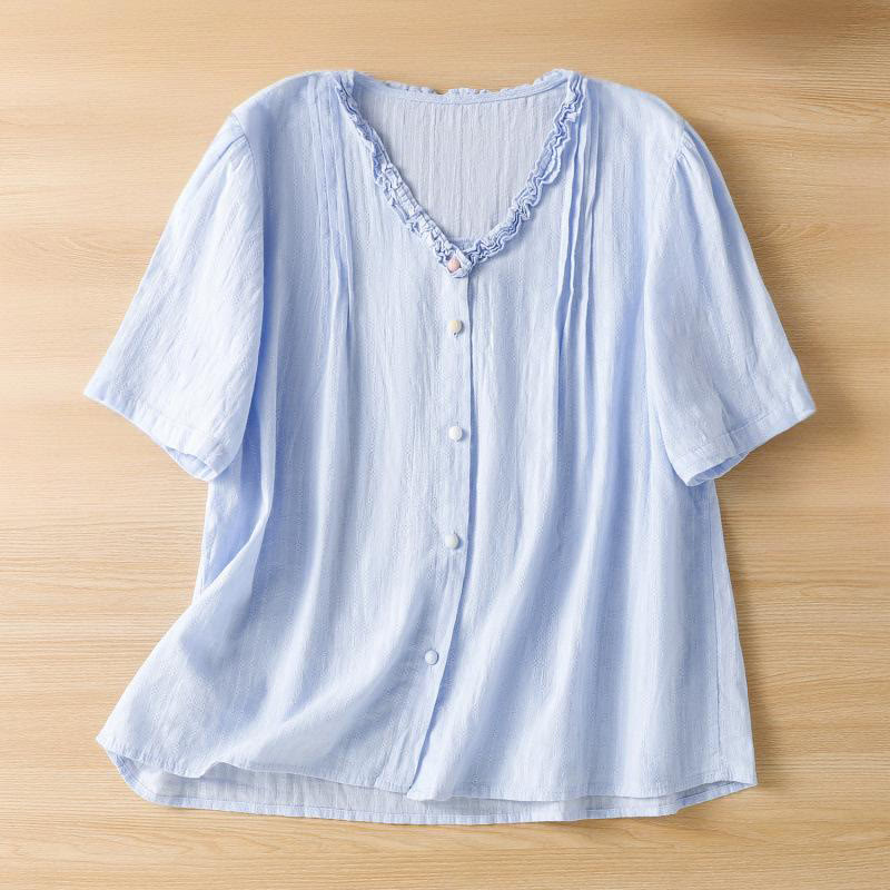 Buddha Stones Jacquard Pleated Ruffled Trim Design V-Neck Short Sleeve Women's Shirt - CornflowerBlue - US14,UK/AU18,EU46 (2XL) - image 5