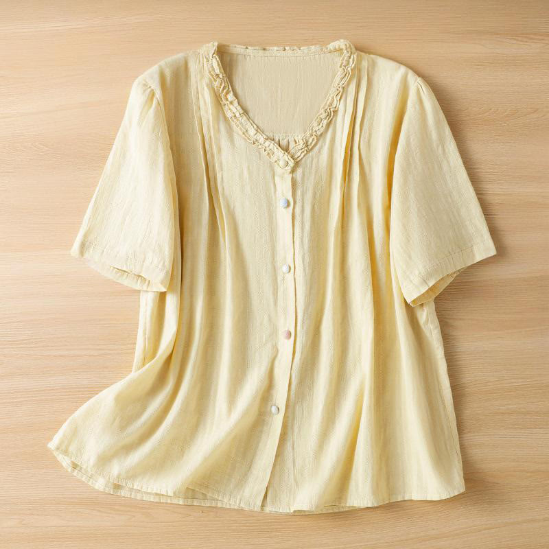 Buddha Stones Jacquard Pleated Ruffled Trim Design V-Neck Short Sleeve Women's Shirt - LightYellow - US14,UK/AU18,EU46 (2XL) - image 9
