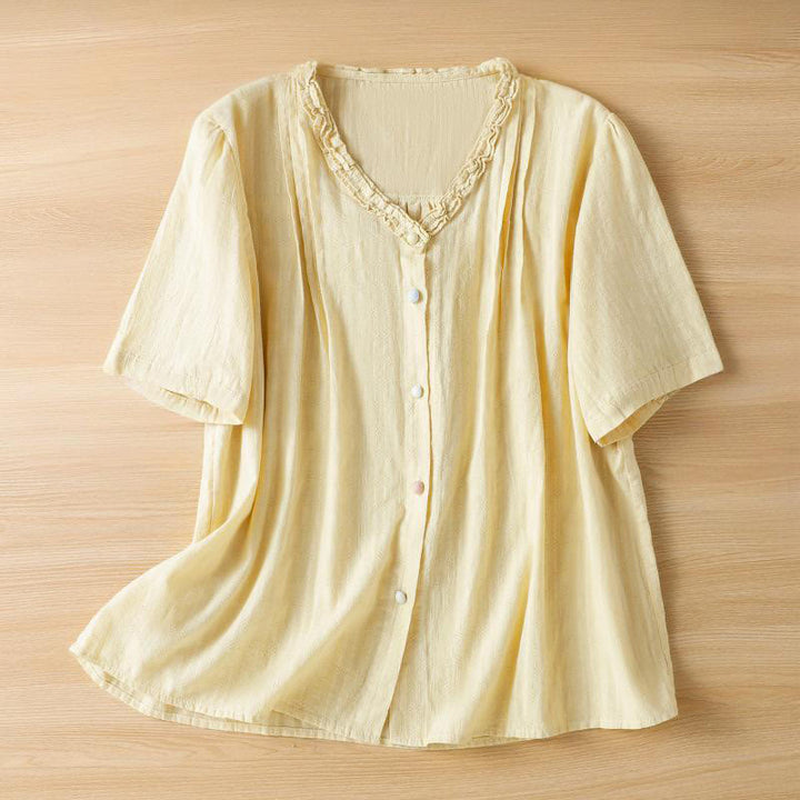 Buddha Stones Jacquard Pleated Ruffled Trim Design V-Neck Short Sleeve Women's Shirt - LightYellow - US14,UK/AU18,EU46 (2XL) - image 9