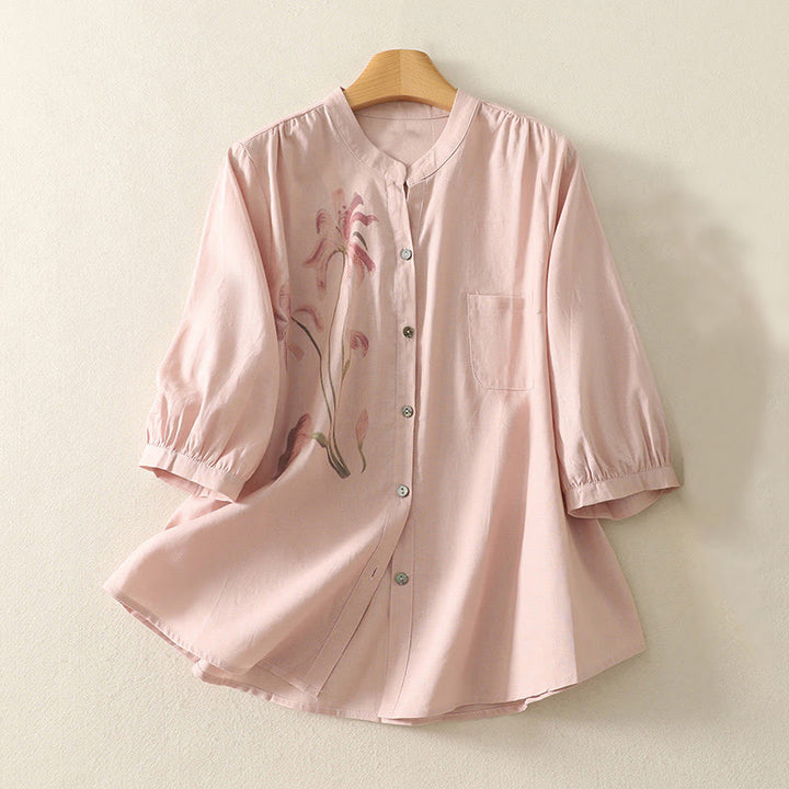 Buddha Stones Daily Printing Lily Pattern Half Puff Sleeve Women's Cotton Linen Shirt - LightPink - US12,UK/AU16,EU44 (2XL) - image 1