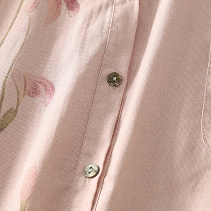 Buddha Stones Daily Printing Lily Pattern Half Puff Sleeve Women's Cotton Linen Shirt - image 5
