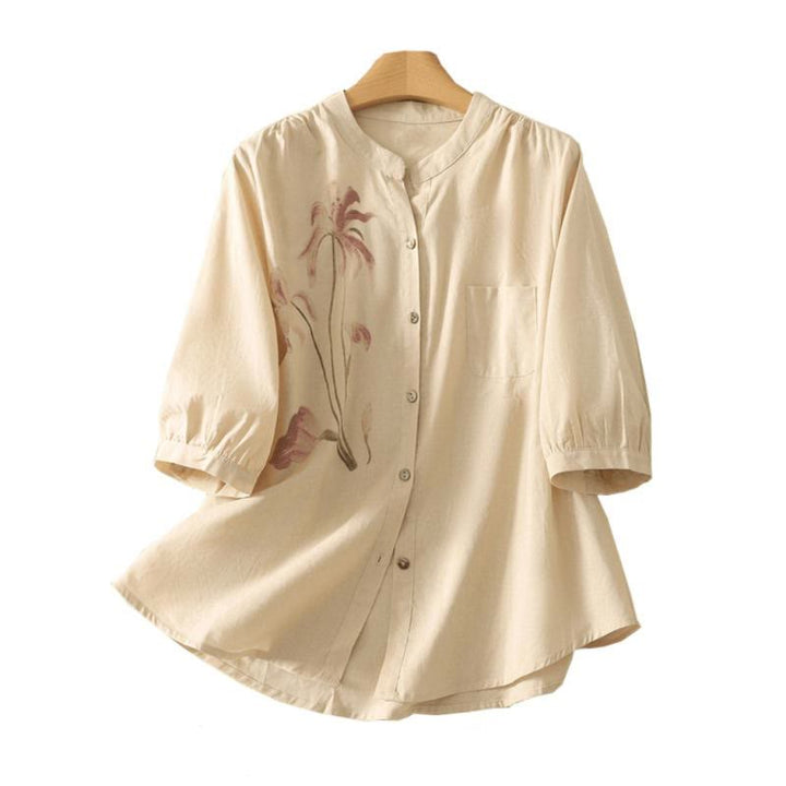 Buddha Stones Daily Printing Lily Pattern Half Puff Sleeve Women's Cotton Linen Shirt - image 17
