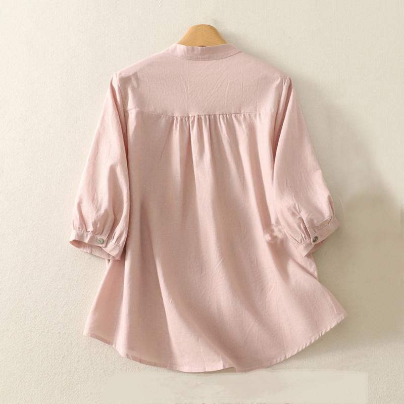 Buddha Stones Daily Printing Lily Pattern Half Puff Sleeve Women's Cotton Linen Shirt - image 2