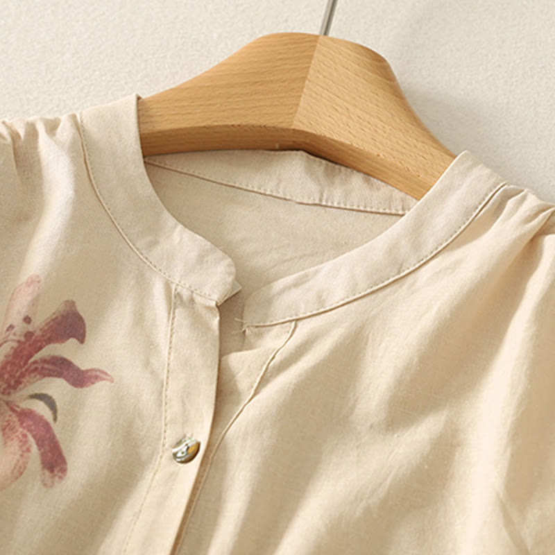 Buddha Stones Daily Printing Lily Pattern Half Puff Sleeve Women's Cotton Linen Shirt - image 13