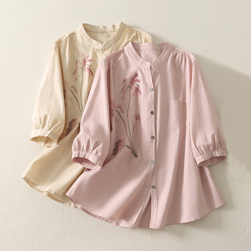 Buddha Stones Daily Printing Lily Pattern Half Puff Sleeve Women's Cotton Linen Shirt - image 18