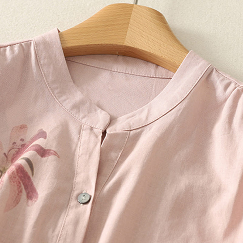 Buddha Stones Daily Printing Lily Pattern Half Puff Sleeve Women's Cotton Linen Shirt - image 3