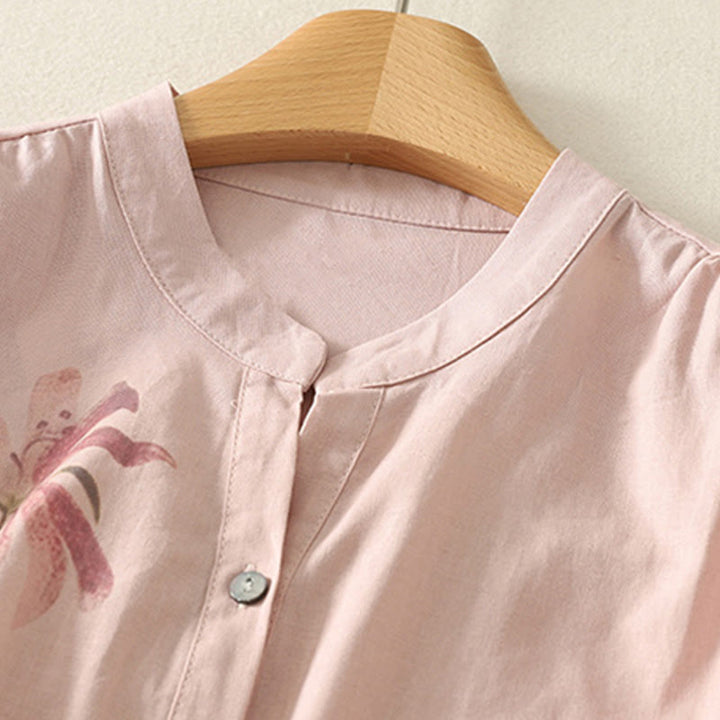 Buddha Stones Daily Printing Lily Pattern Half Puff Sleeve Women's Cotton Linen Shirt - image 3
