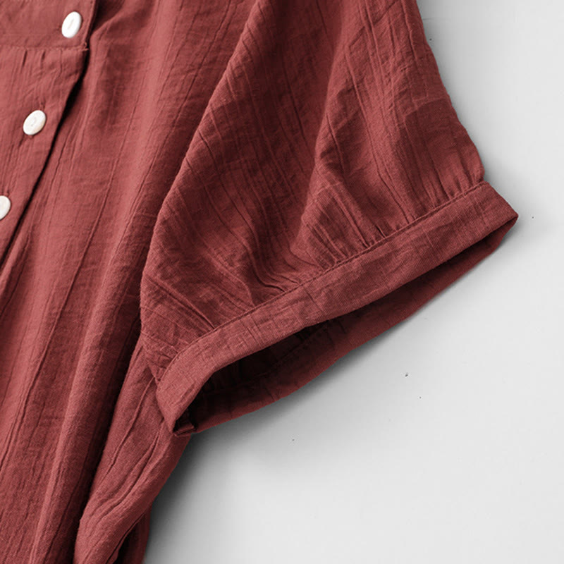 Buddha Stones Plain Asymmetrical Lace-Up Design Puff Short Sleeve Women's Cotton Shirt - image 22