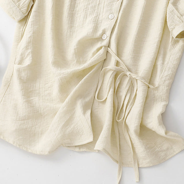 Buddha Stones Plain Asymmetrical Lace-Up Design Puff Short Sleeve Women's Cotton Shirt - image 17