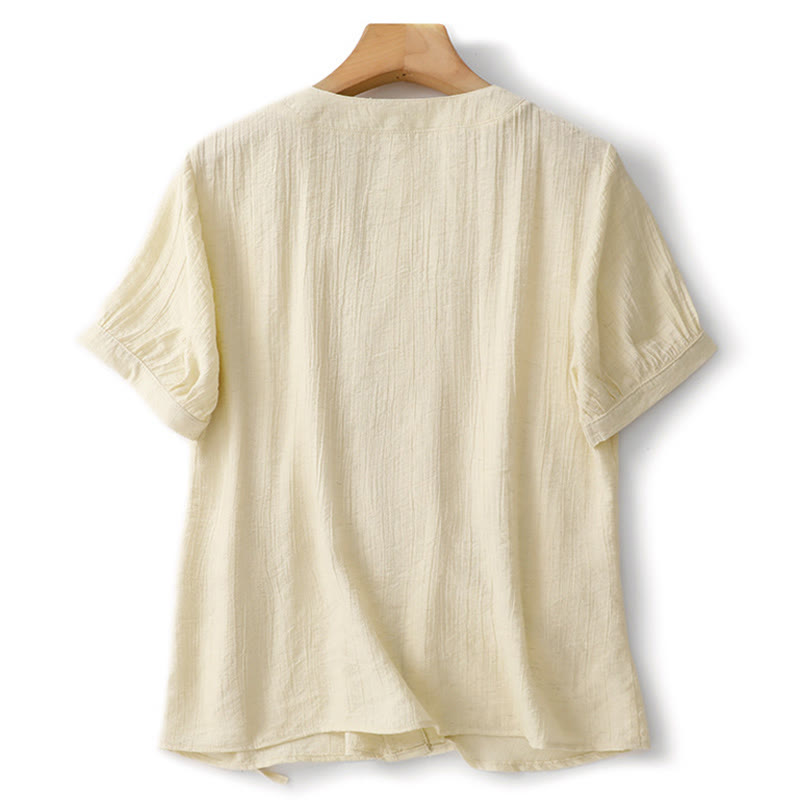 Buddha Stones Plain Asymmetrical Lace-Up Design Puff Short Sleeve Women's Cotton Shirt - image 9