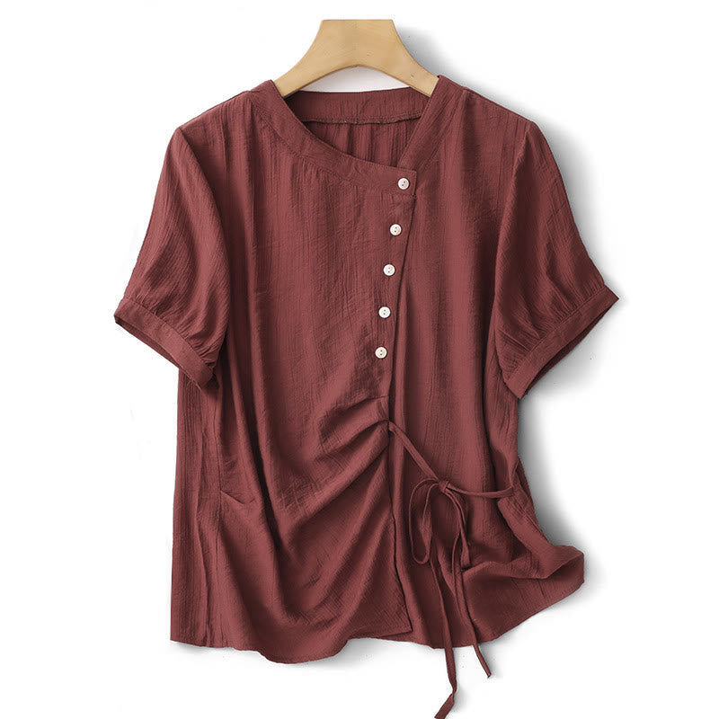 Buddha Stones Plain Asymmetrical Lace-Up Design Puff Short Sleeve Women's Cotton Shirt - FireBrick - US8-10,UK/AU12-14,EU40-42 (2XL) - image 18