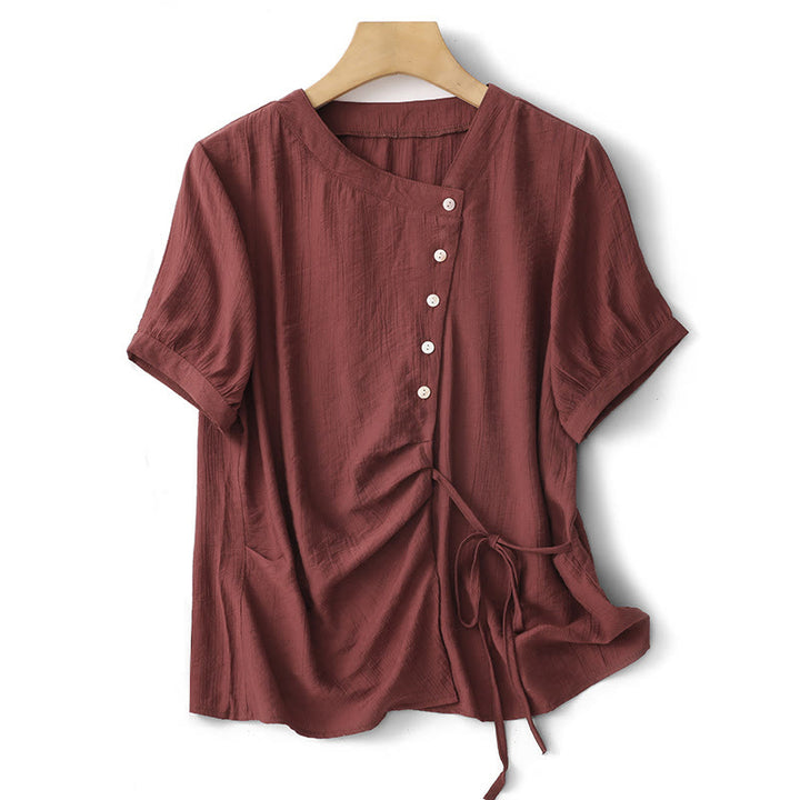 Buddha Stones Plain Asymmetrical Lace-Up Design Puff Short Sleeve Women's Cotton Shirt - FireBrick - US8-10,UK/AU12-14,EU40-42 (2XL) - image 18