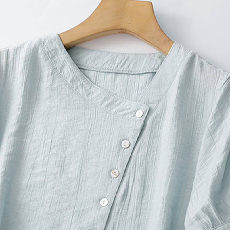 Buddha Stones Plain Asymmetrical Lace-Up Design Puff Short Sleeve Women's Cotton Shirt - image 2