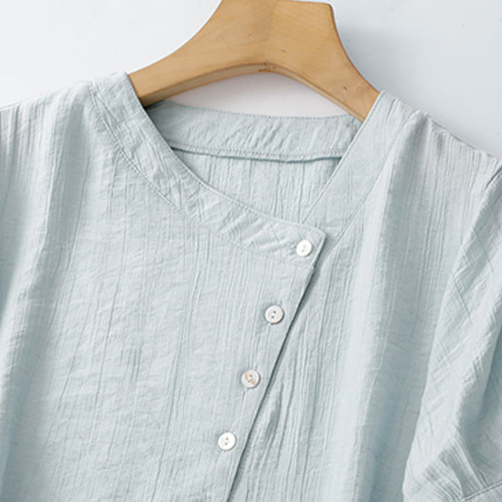 Buddha Stones Plain Asymmetrical Lace-Up Design Puff Short Sleeve Women's Cotton Shirt - image 2