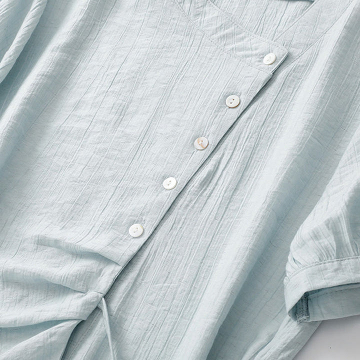 Buddha Stones Plain Asymmetrical Lace-Up Design Puff Short Sleeve Women's Cotton Shirt - image 4