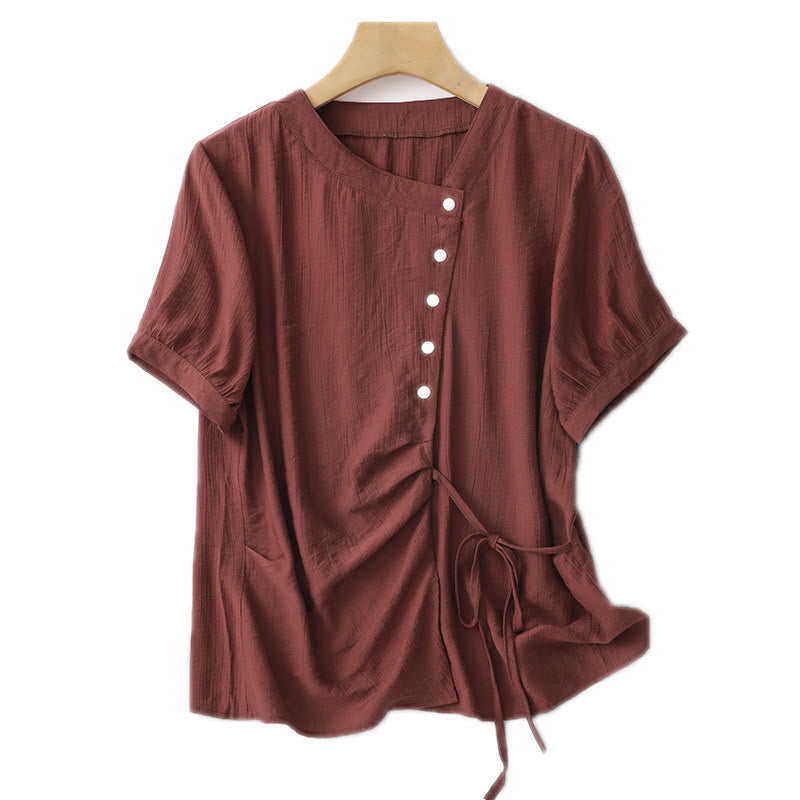 Buddha Stones Plain Asymmetrical Lace-Up Design Puff Short Sleeve Women's Cotton Shirt - image 24