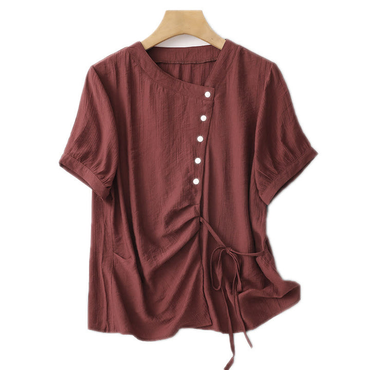 Buddha Stones Plain Asymmetrical Lace-Up Design Puff Short Sleeve Women's Cotton Shirt - image 24