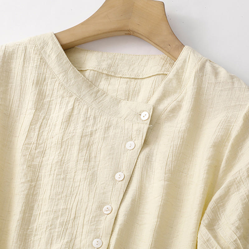 Buddha Stones Plain Asymmetrical Lace-Up Design Puff Short Sleeve Women's Cotton Shirt - image 10