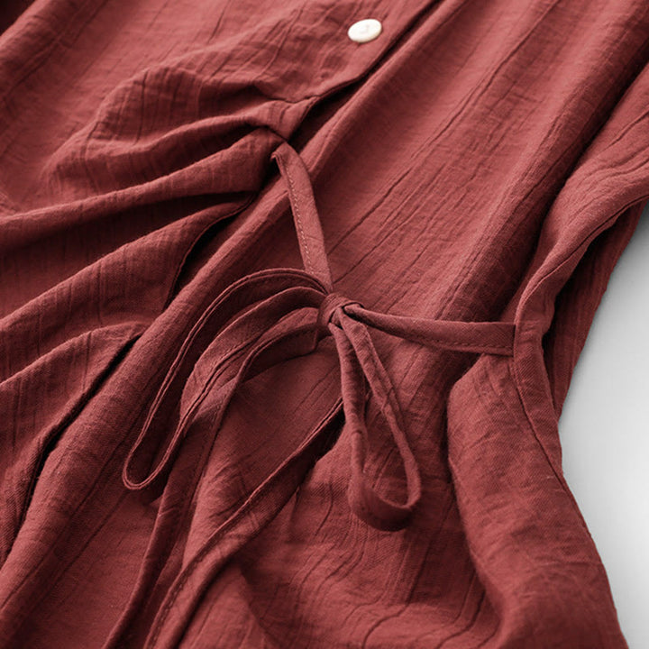 Buddha Stones Plain Asymmetrical Lace-Up Design Puff Short Sleeve Women's Cotton Shirt - image 21