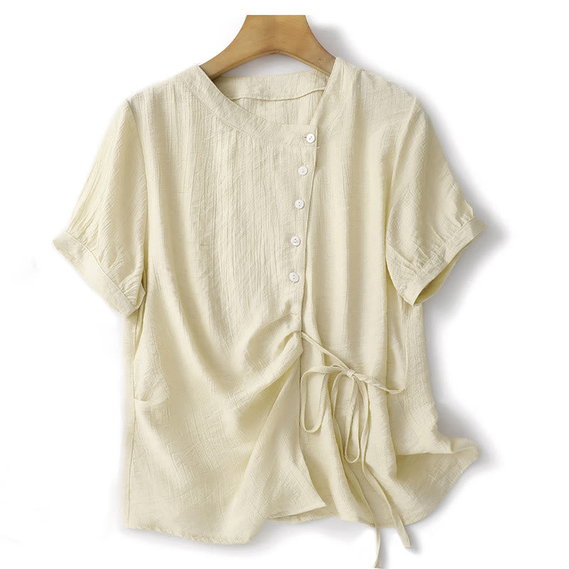 Buddha Stones Plain Asymmetrical Lace-Up Design Puff Short Sleeve Women's Cotton Shirt - LightGoldenrodYellow - US8-10,UK/AU12-14,EU40-42 (2XL) - image 8