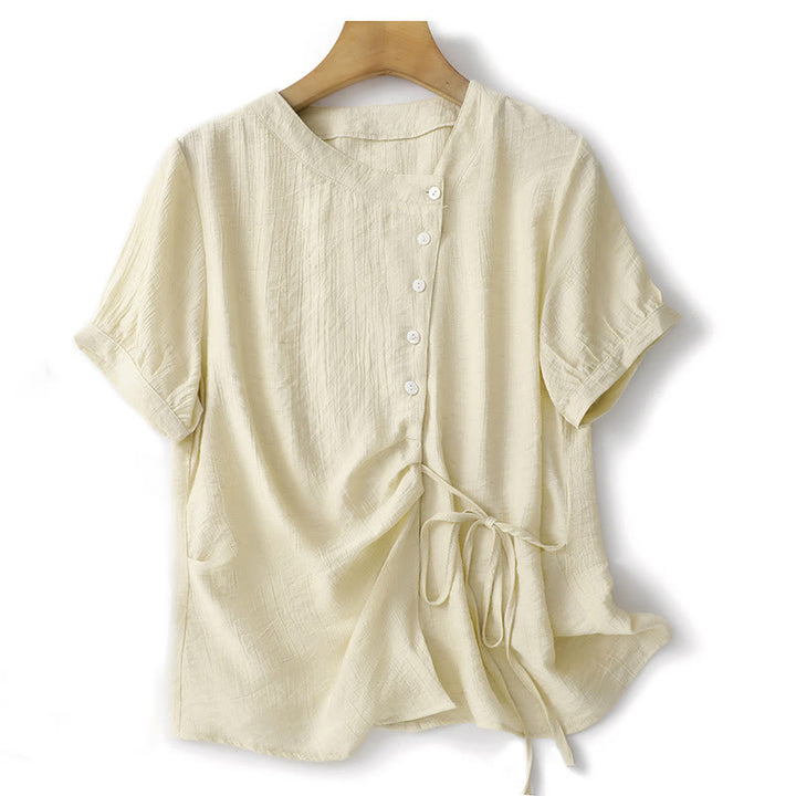 Buddha Stones Plain Asymmetrical Lace-Up Design Puff Short Sleeve Women's Cotton Shirt - LightGoldenrodYellow - US8-10,UK/AU12-14,EU40-42 (2XL) - image 8