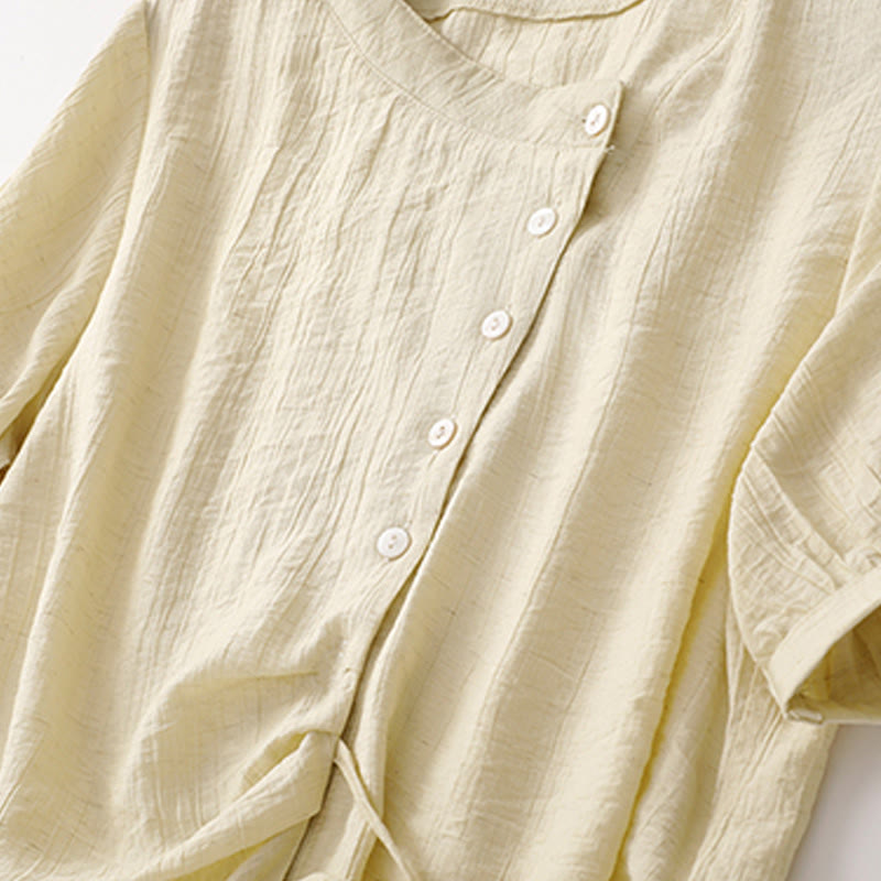 Buddha Stones Plain Asymmetrical Lace-Up Design Puff Short Sleeve Women's Cotton Shirt - image 11