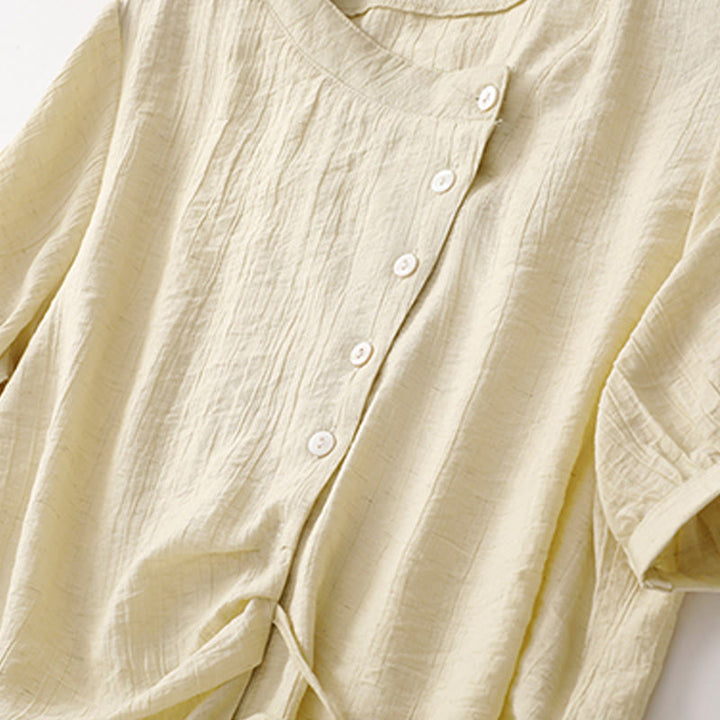 Buddha Stones Plain Asymmetrical Lace-Up Design Puff Short Sleeve Women's Cotton Shirt - image 11