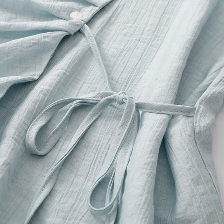 Buddha Stones Plain Asymmetrical Lace-Up Design Puff Short Sleeve Women's Cotton Shirt - image 3