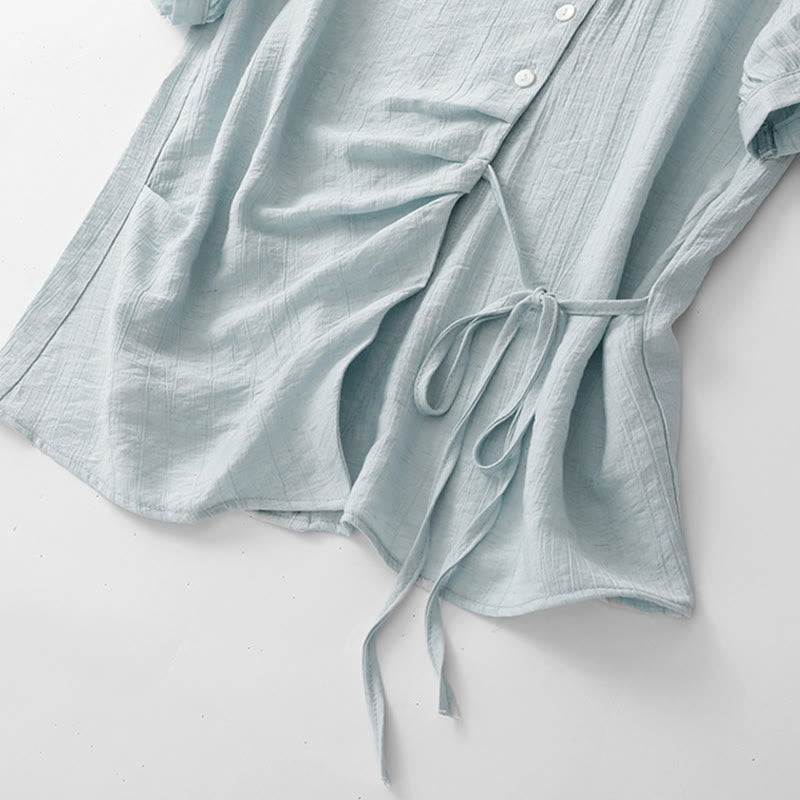 Buddha Stones Plain Asymmetrical Lace-Up Design Puff Short Sleeve Women's Cotton Shirt - image 7