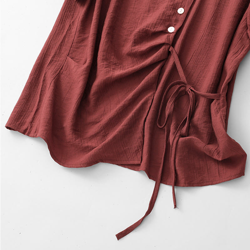 Buddha Stones Plain Asymmetrical Lace-Up Design Puff Short Sleeve Women's Cotton Shirt - image 23